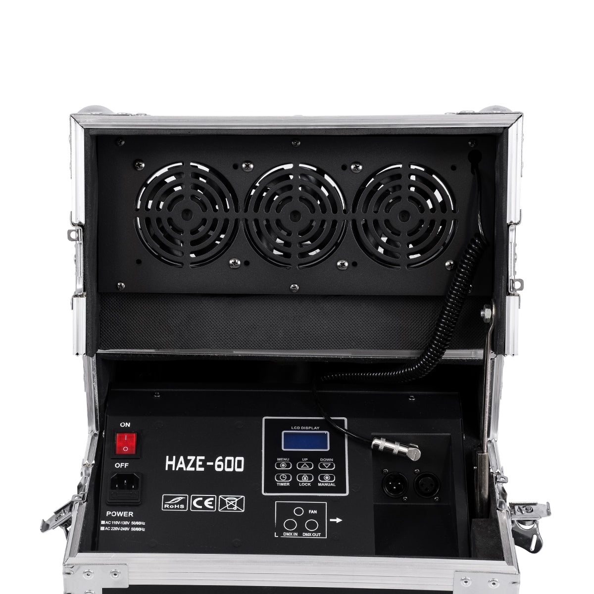 GloboStar® 51170 MERMAID Επαγγελματική Επιδαπέδια Μηχανή Double Haze Machine - Διπλού Εφέ Ομίχλης-Νέφωσης 600W AC 220V-240V DMX512 Display on Body & Ασύρματο Χειριστήριο σε Flight Case - Μαύρο - L49.5 x W38 x H45cm - ledmania.gr