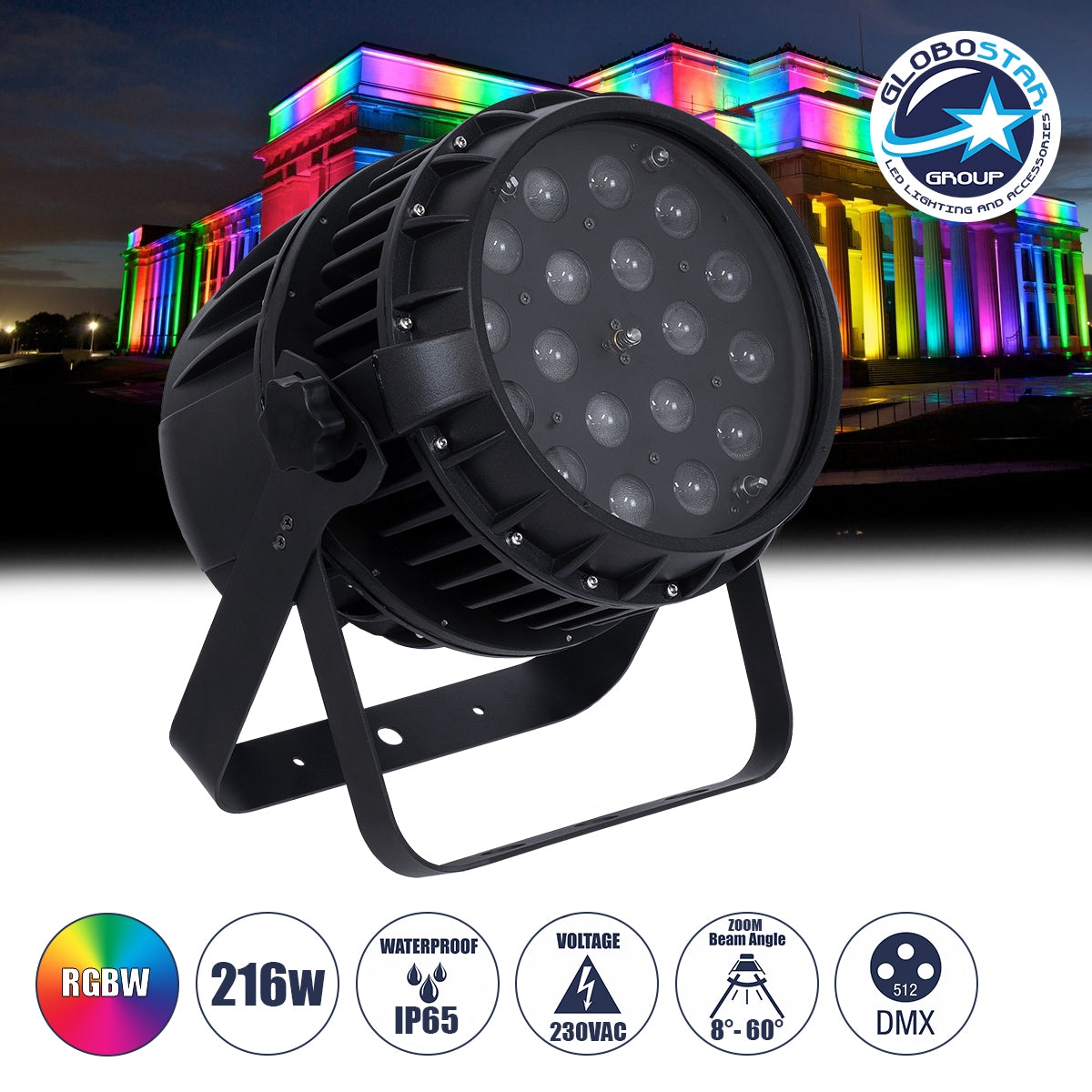 GloboStar® 51114 MINOTAUR Επαγγελματική Κεφαλή PAR DMX512 216W AC 230V 4in1 BEAM - WASH - SPOT - ZOOM 8° - 60° OSRAM LED Αδιάβροχη IP65 RGBW - Μαύρο - L24.8 x W28 x H37cm - ledmania.gr